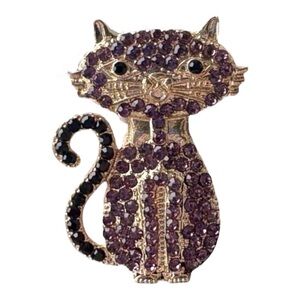 3/$25 Mint Purple & Gold Cat Rhinestone Pin Brooch